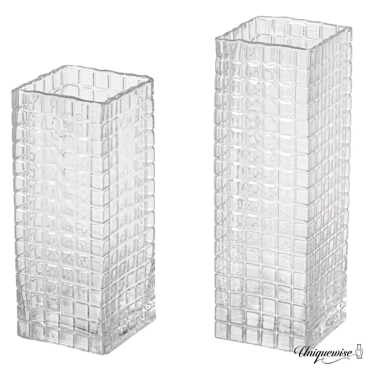 Set of 2 Square Frosted Clear Glass Table Vase - A Timeless Centerpiece for Dining Tables, Living Rooms, Bedrooms, Hotel Reception Areas and Conference Rooms, Ideal for Weddings and Special Occassions